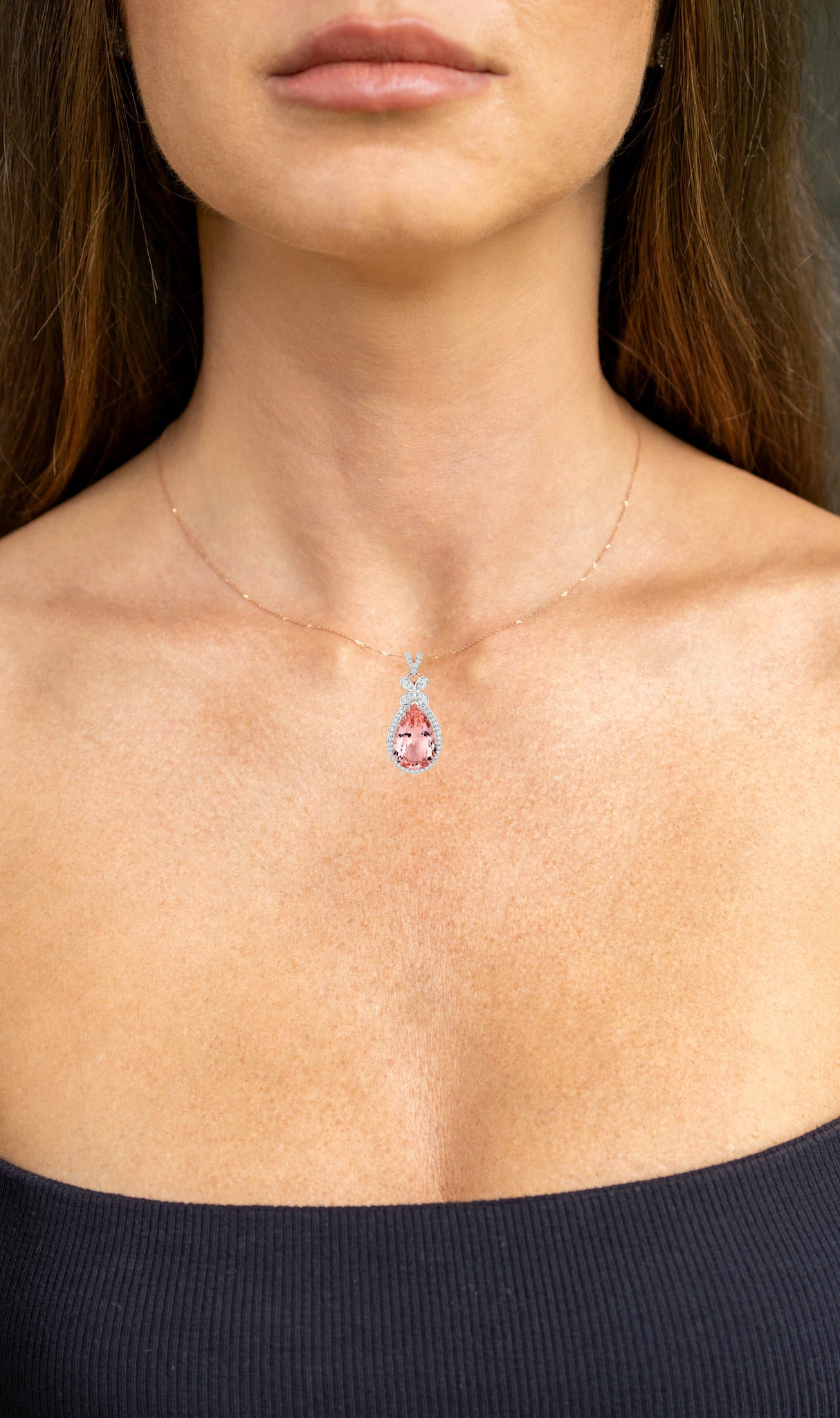 Morganite Pendant Necklace Diamond Setting 8.12 Carats 14K Rose Gold