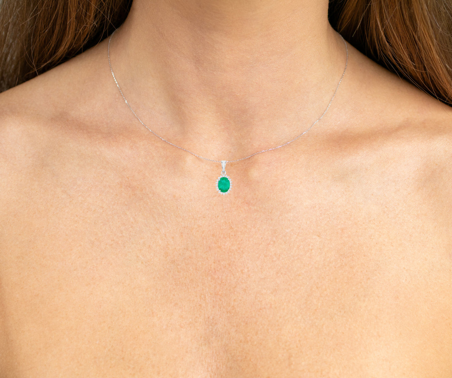 Zambian Emerald Pendant Necklace Diamonds 1.35 Carats 10K White Gold