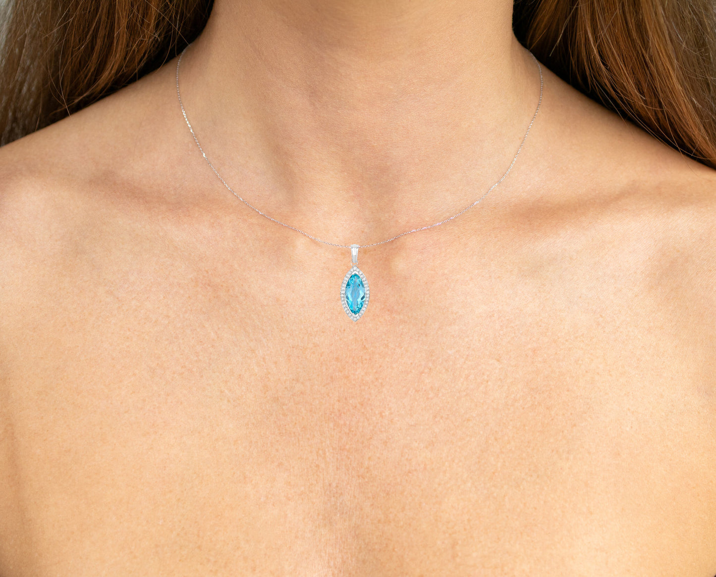 Marquise Aquamarine Necklace With Diamond Halo 2.55 Carats 14K White Gold