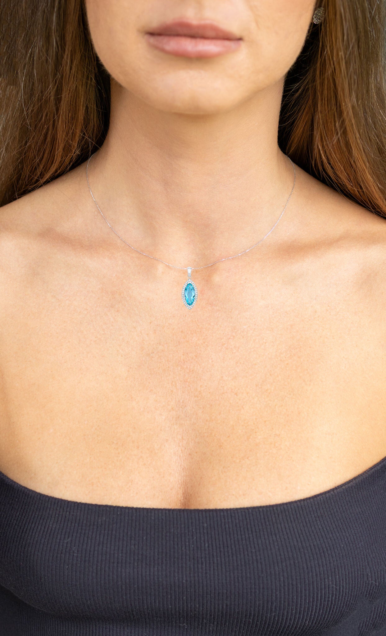 Marquise Aquamarine Necklace With Diamond Halo 2.55 Carats 14K White Gold