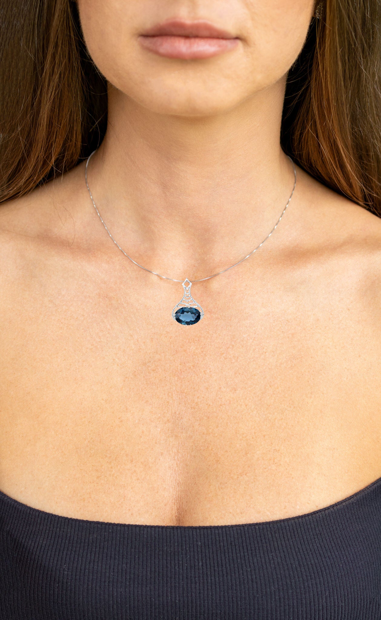 London Blue Topaz Filigree Pendant Necklace 6.62 Carats Sterling Silver