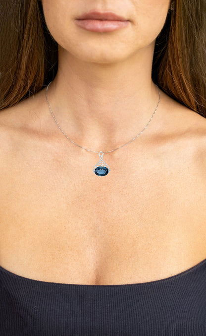 London Blue Topaz Filigree Pendant Necklace 6.62 Carats Sterling Silver