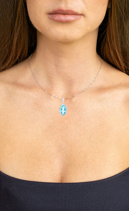 Swiss Blue Topaz Marquise Pendant Necklace 8.2 Carats Sterling Silver