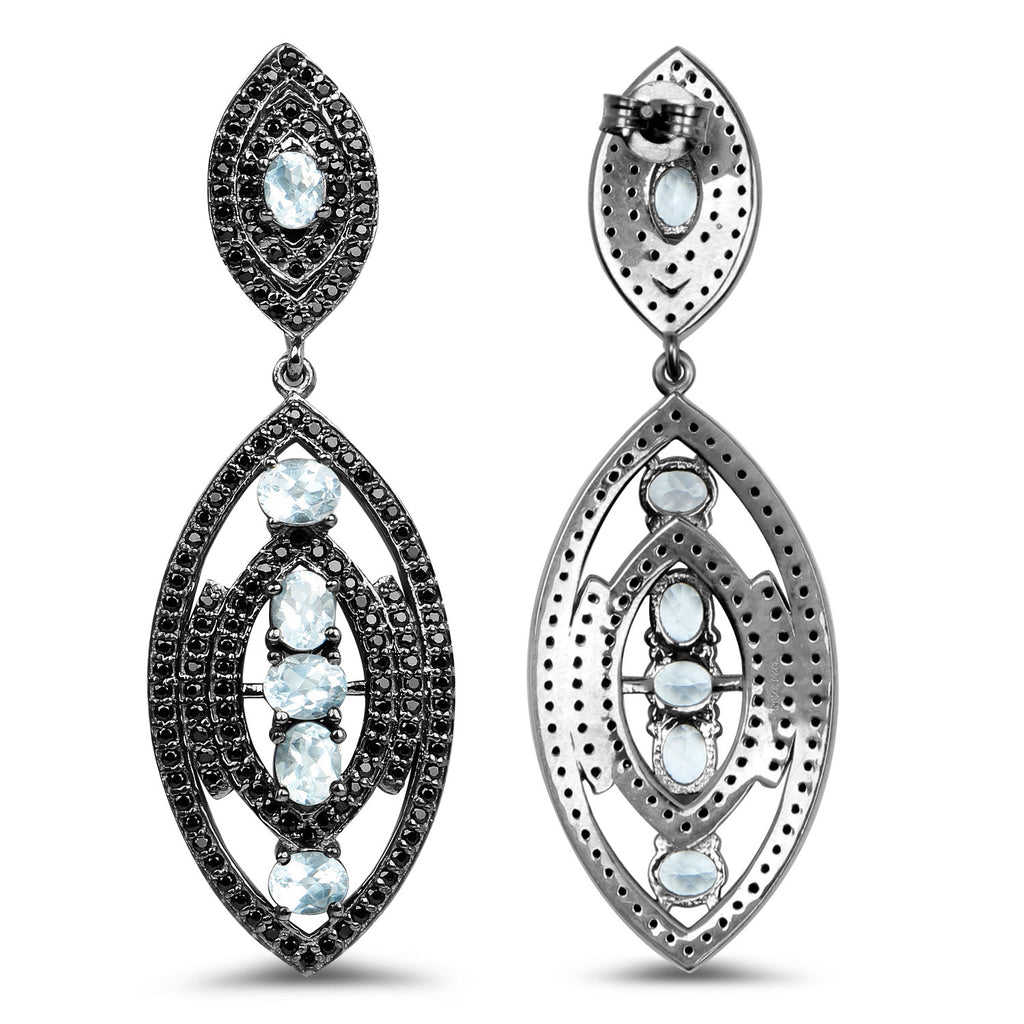 Blue Topaz Earrings With Black Spinel 8.78 Carats Sterling Silver