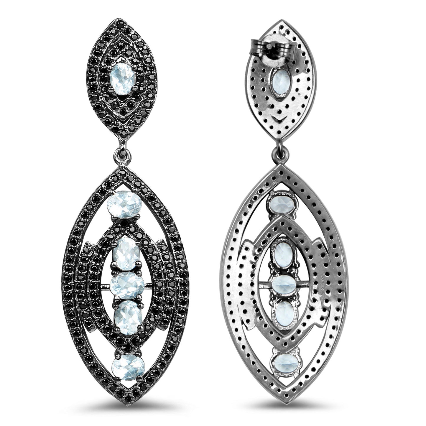 Blue Topaz Earrings With Black Spinel 8.78 Carats Sterling Silver