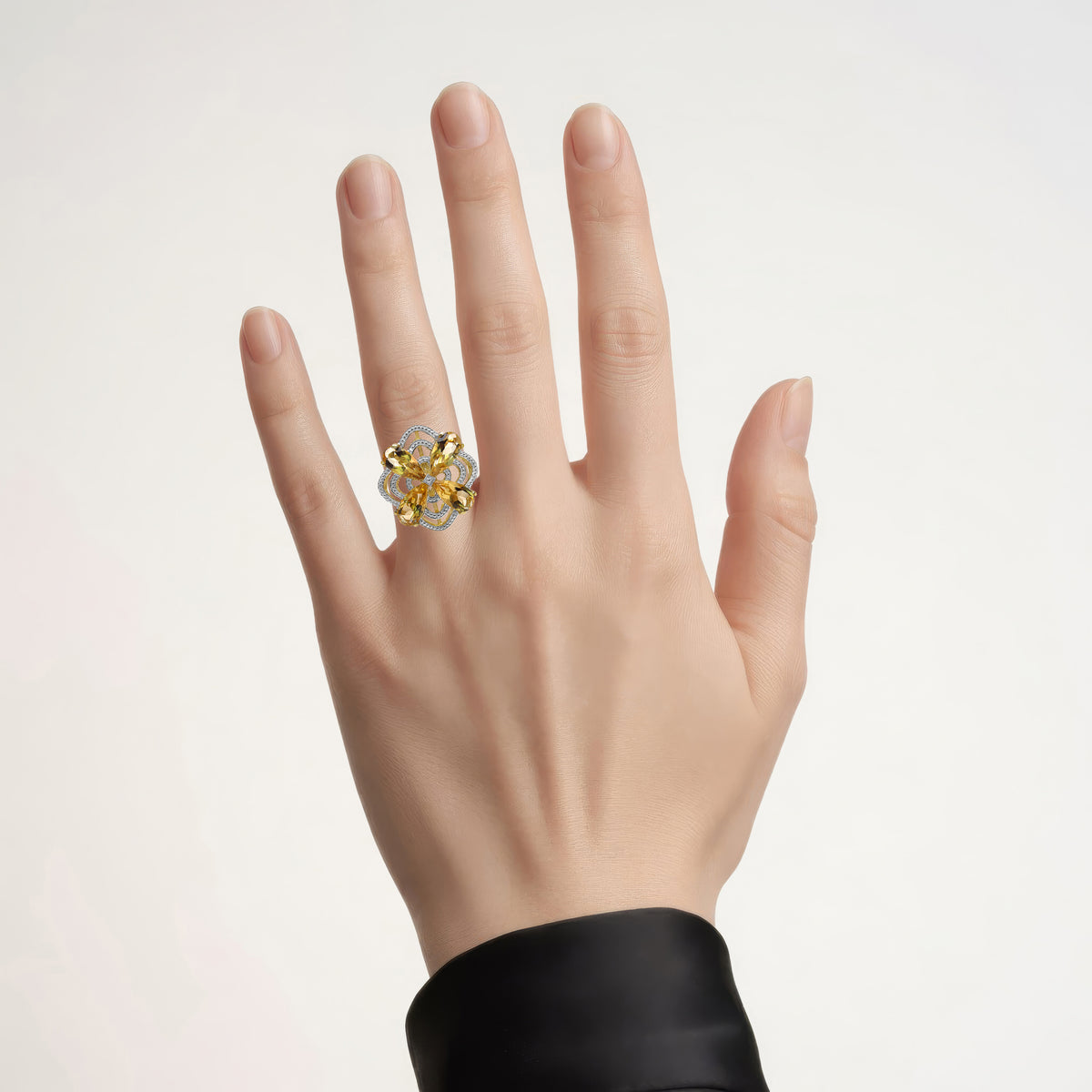 Citrine Flower Ring With Diamonds 8.79 Carats Gold Plated Silver