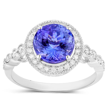 Natural Tanzanite Ring With Diamonds 3.18 Carats 14K White Gold