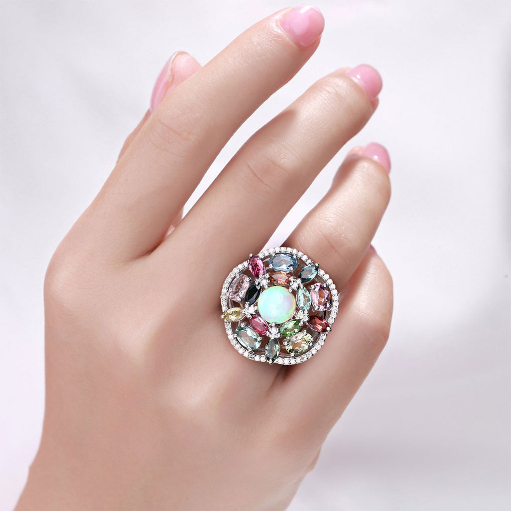 Opal Ring With Multicolor Tourmaline 5.8 Carats Sterling Silver
