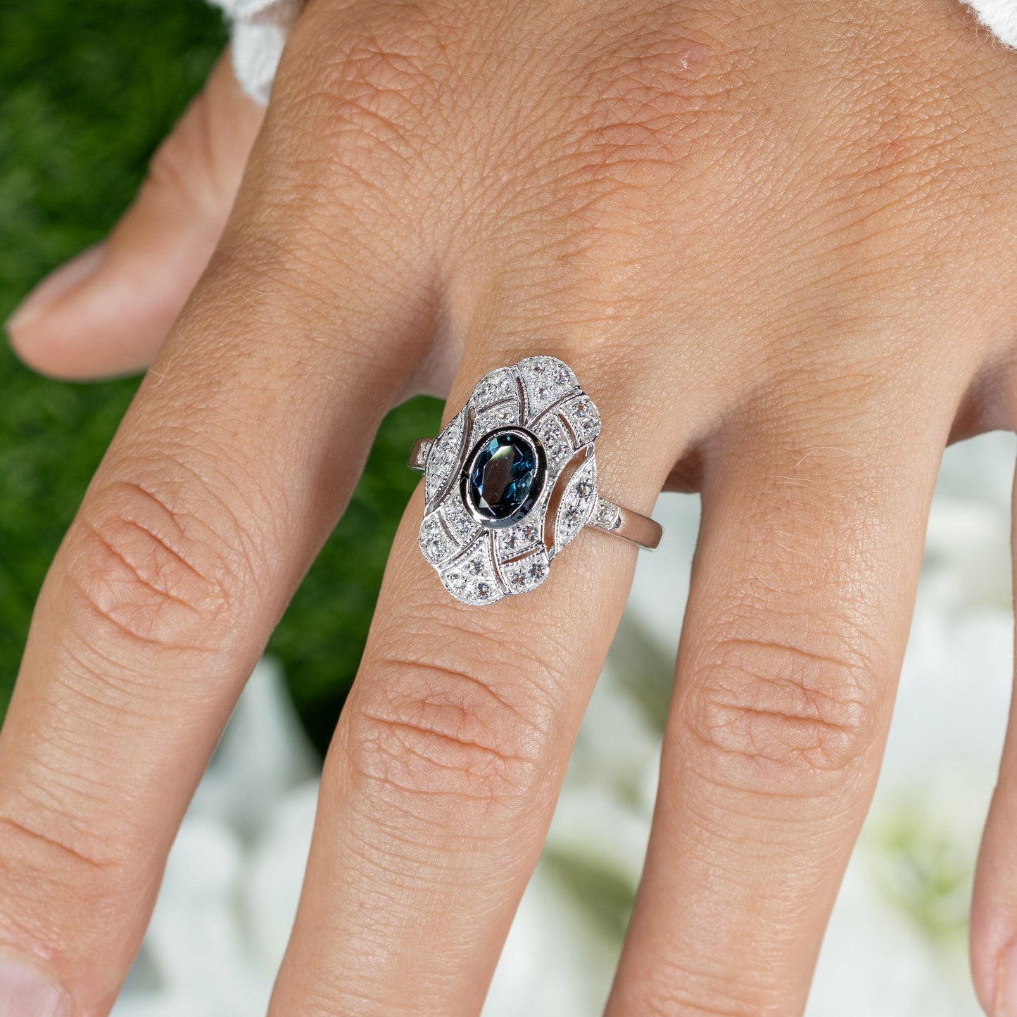 London Blue Topaz Ring With White Topaz 1.28 Carats Sterling Silver