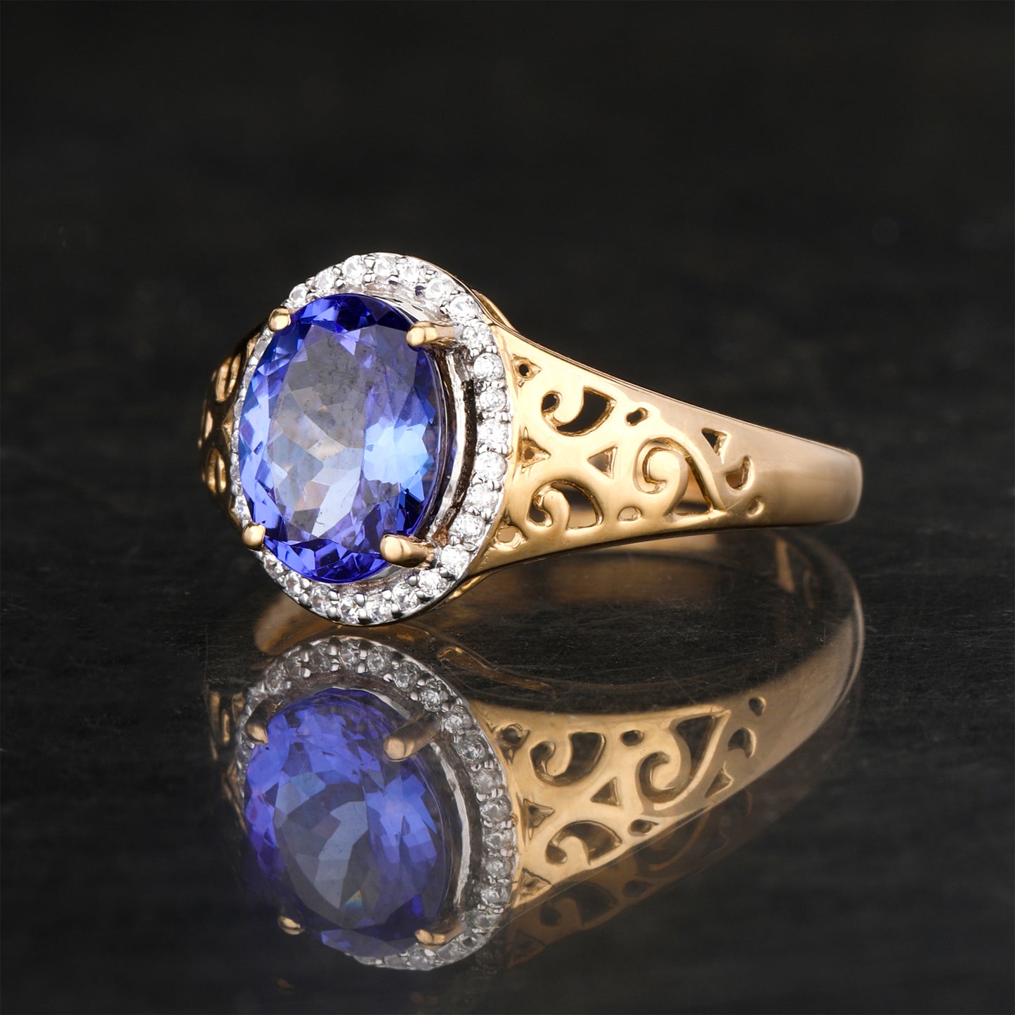 Natural Tanzanite Ring With White Zircon 1.85 Carats 9K Yellow Gold