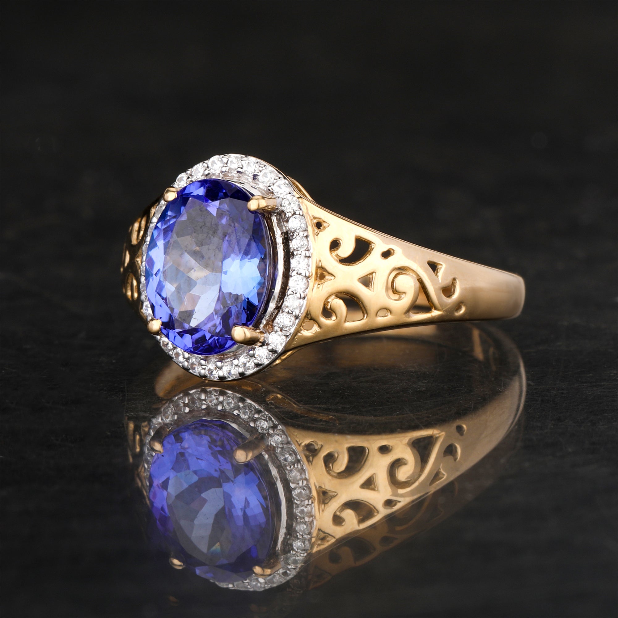 Natural Tanzanite Ring With White Zircon 1.85 Carats 9K Yellow Gold