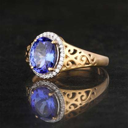 Natural Tanzanite Ring With White Zircon 1.85 Carats 9K Yellow Gold