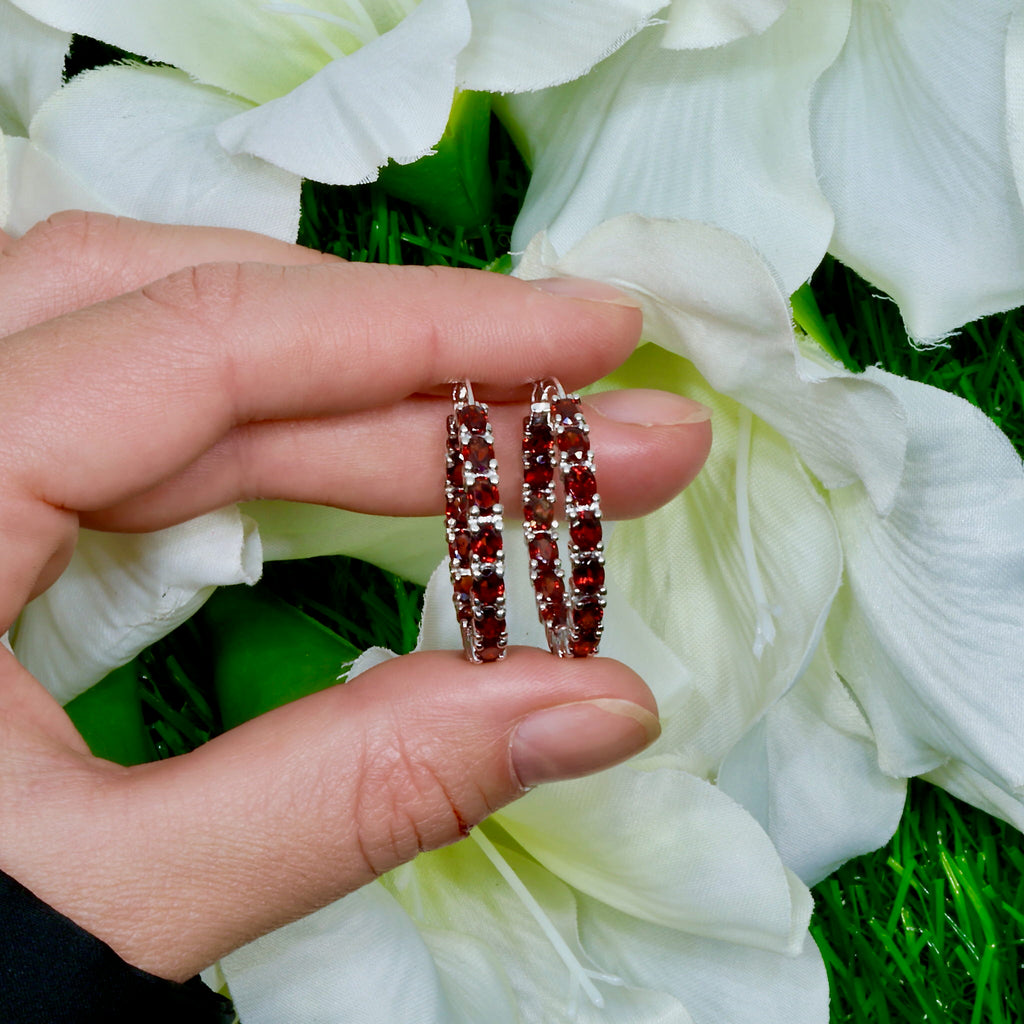 Garnet Hoop Earrings 5.98 Carats Sterling Silver