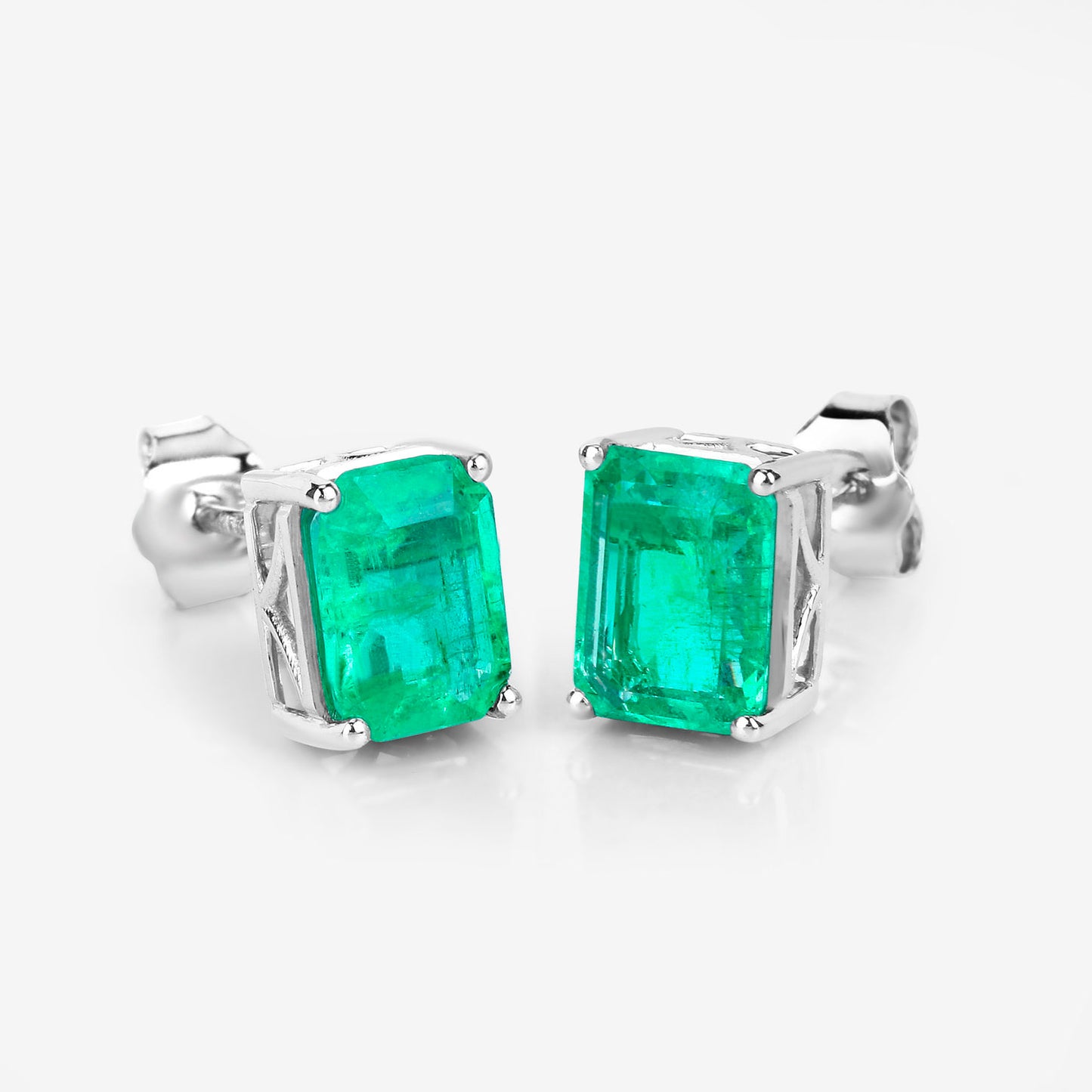 Natural Emerald Stud Earrings 2.74 Carats 14K White Gold