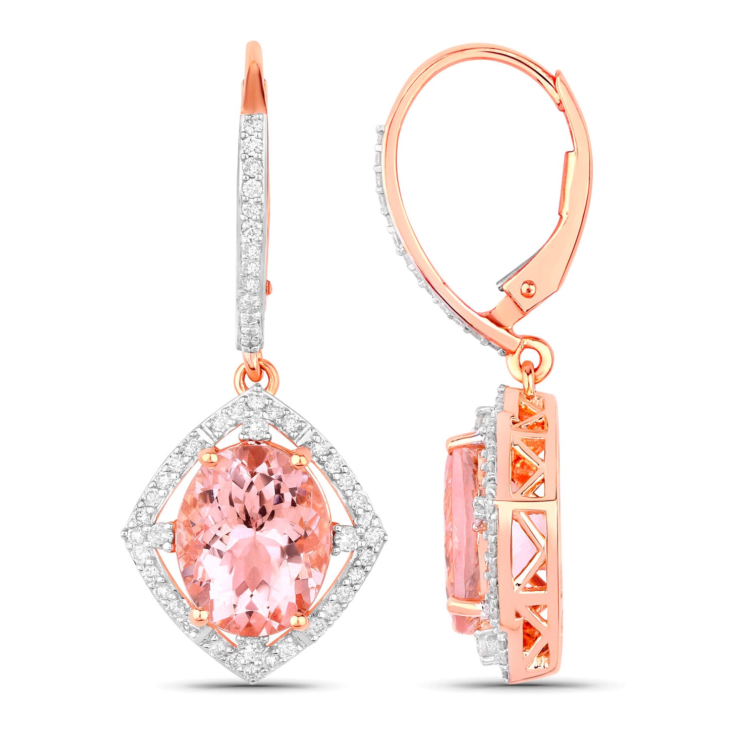 Morganite Dangle Earrings Diamond Setting 5.58 Carats 14K Rose Gold