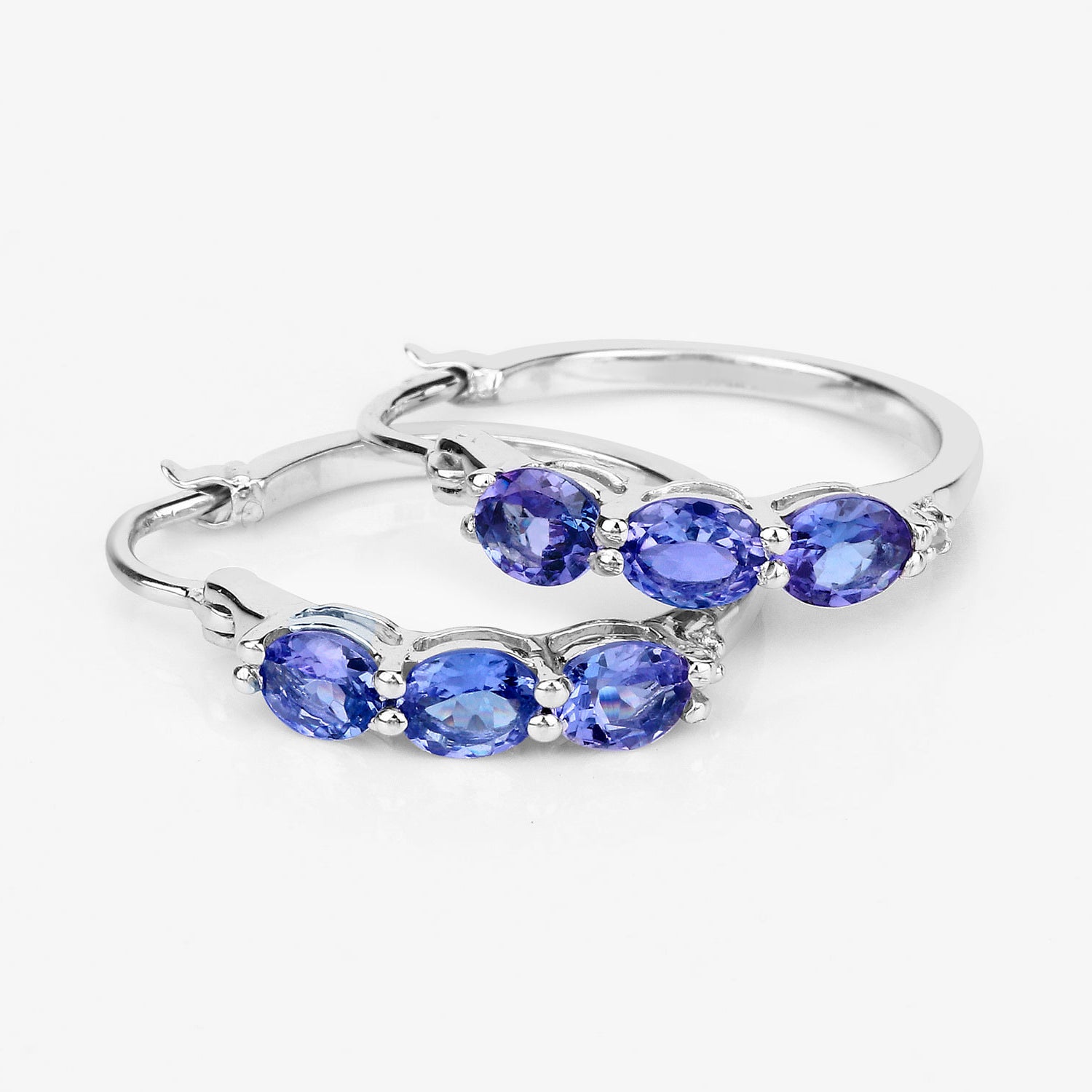 Natural Tanzanite Hoop Earrings With Diamonds 1.97 Carats Sterling Silver