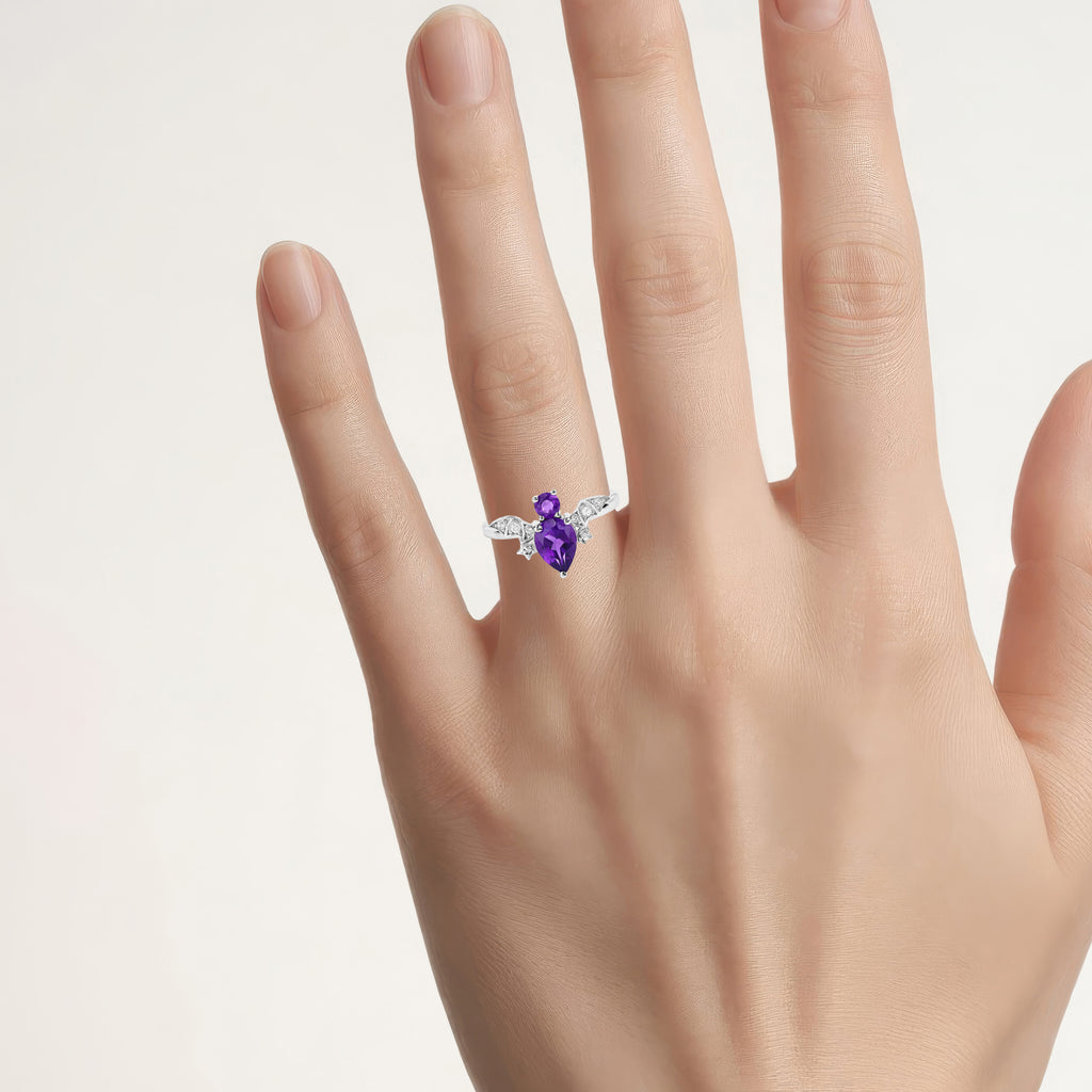 Amethyst Bat Ring With White Topaz 1.11 Carats Sterling Silver