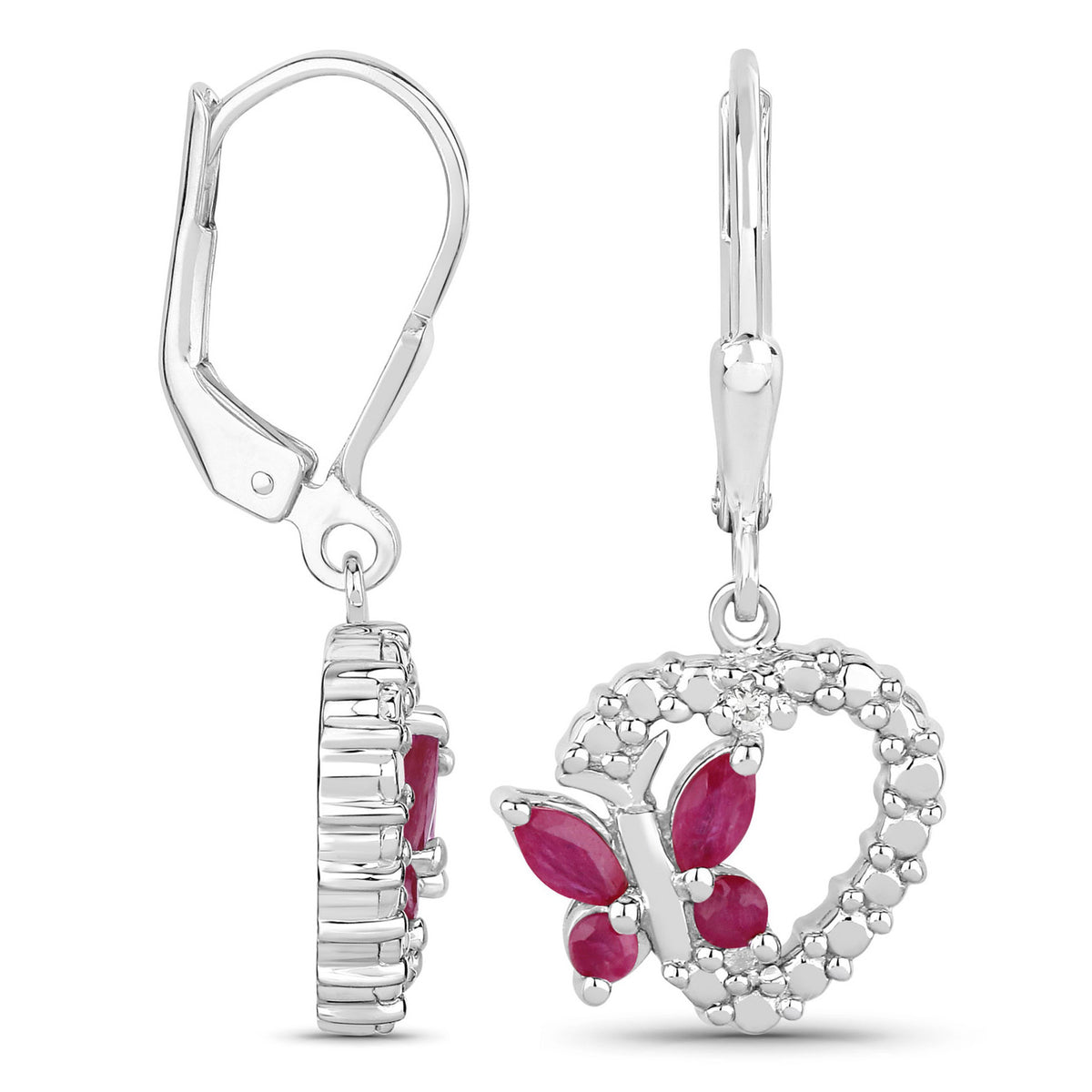 Ruby Butterfly Earrings With White Sapphire 0.52 Carats Sterling Silver