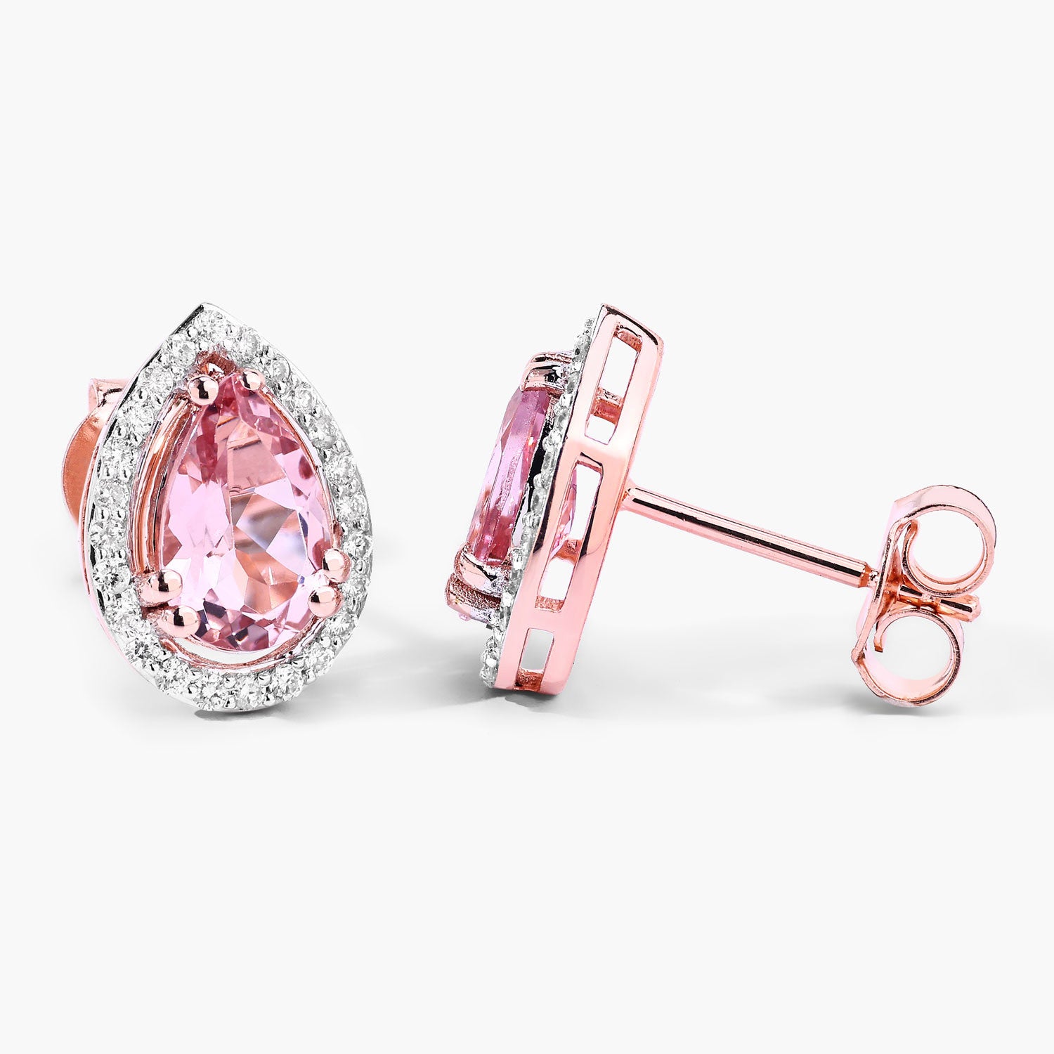 Morganite Stud Earrings With Diamonds 1.52 Carats 14K Rose Gold