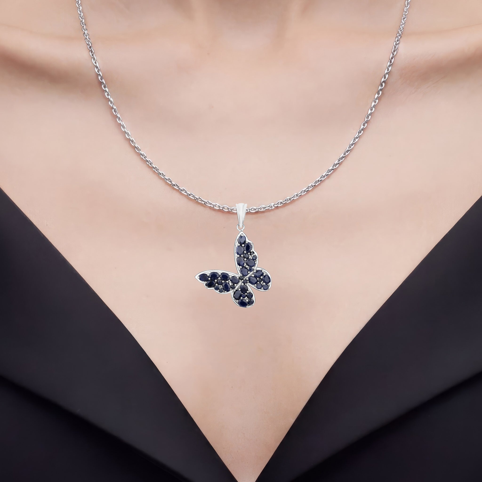 Blue Sapphire Butterfly Pendant 4.32 Carats Sterling Silver