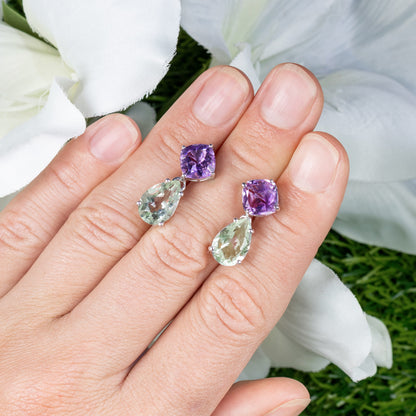 Amethyst Dangle Earrings Green and Pink 8.98 Carats Sterling Silver