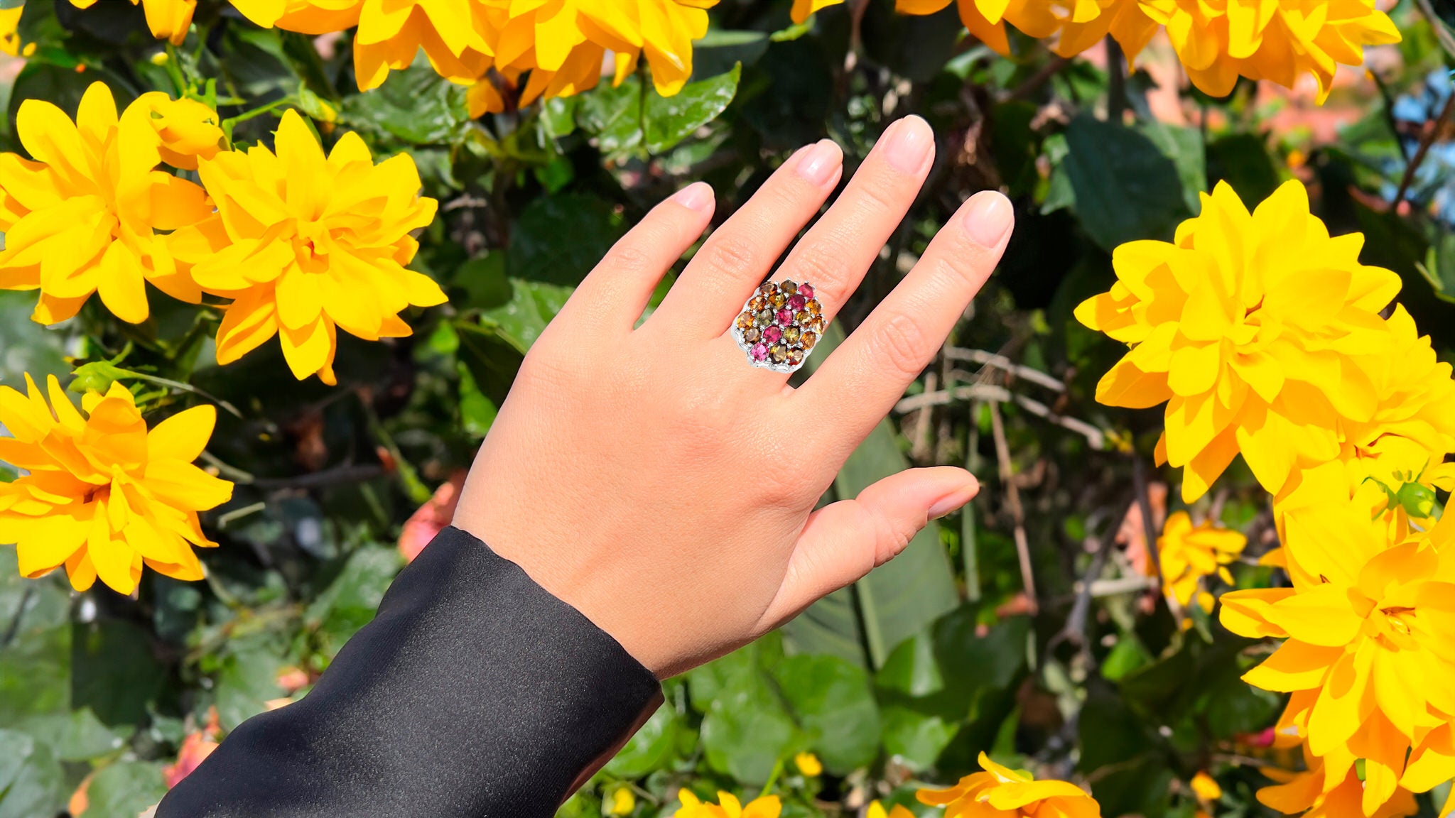 Multicolor Tourmaline Ring 5.89 Carats Rhodium Plated Sterling Silver