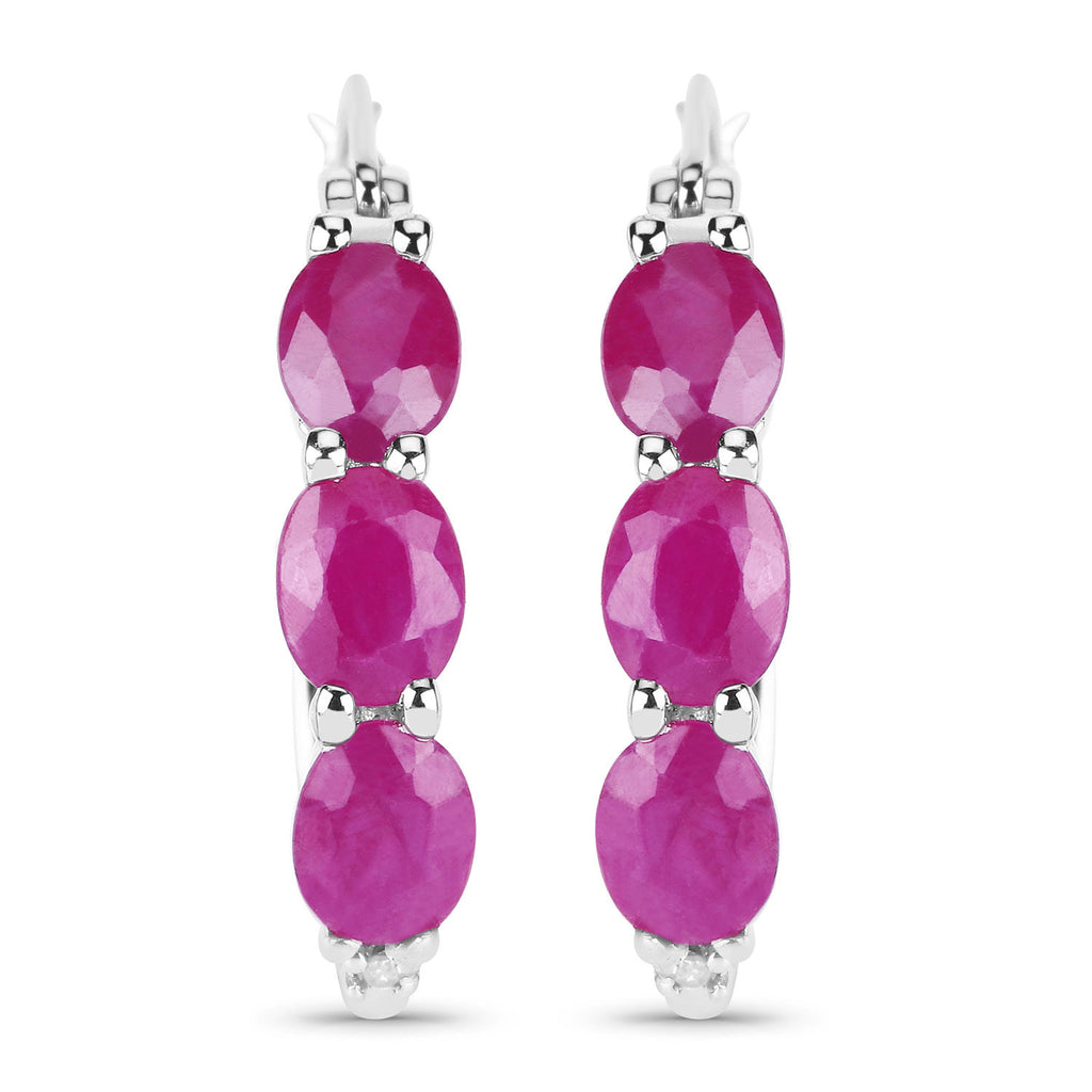 Ruby Hoop Earrings With Diamonds 1.79 Carats Sterling Silver