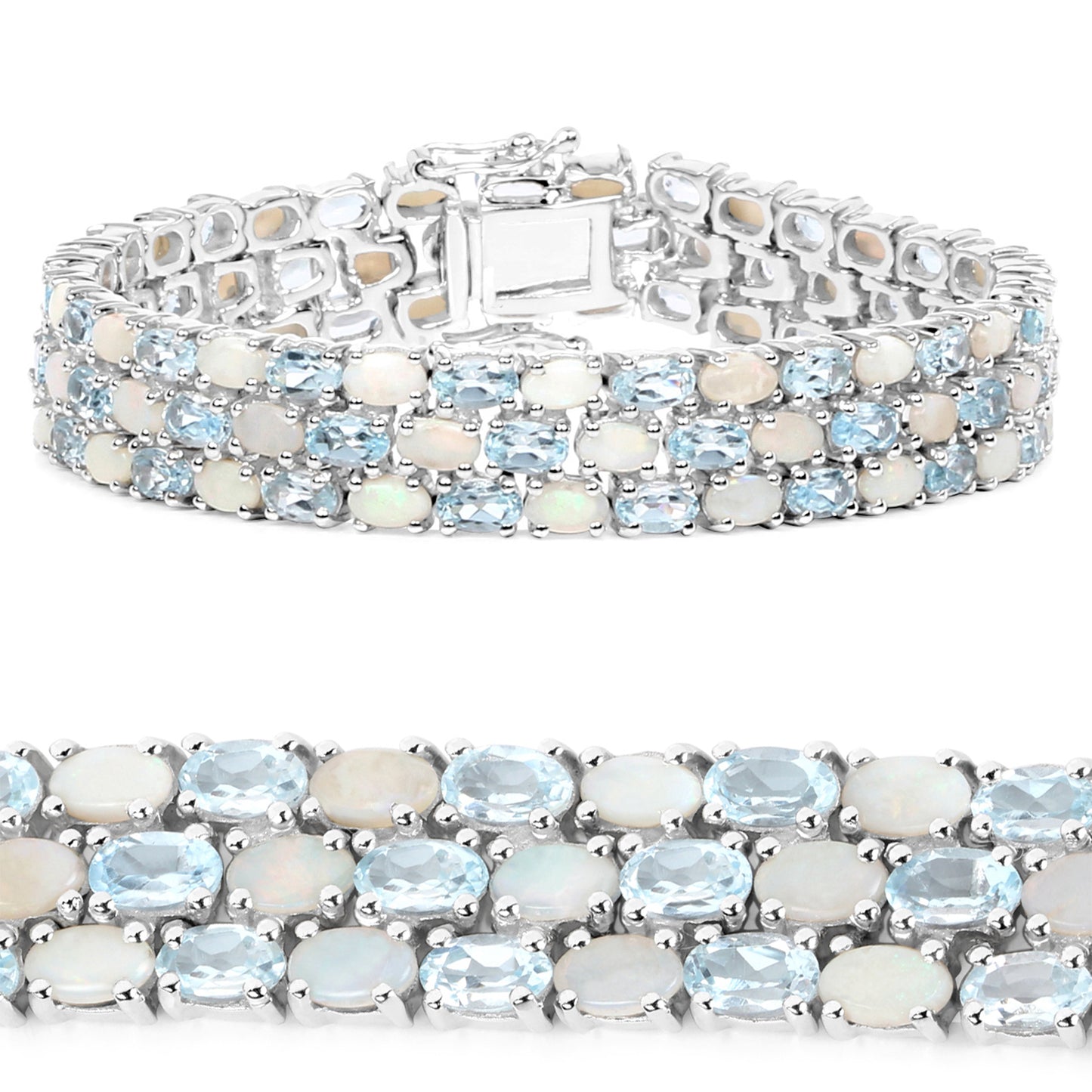 Blue Topaz Tennis Bracelet With Opal 22.2 Carats Sterling Silver