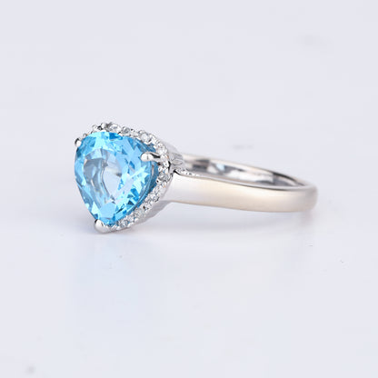 Swiss Blue Topaz Heart Ring With Diamonds 2.15 Carats 9K White Gold