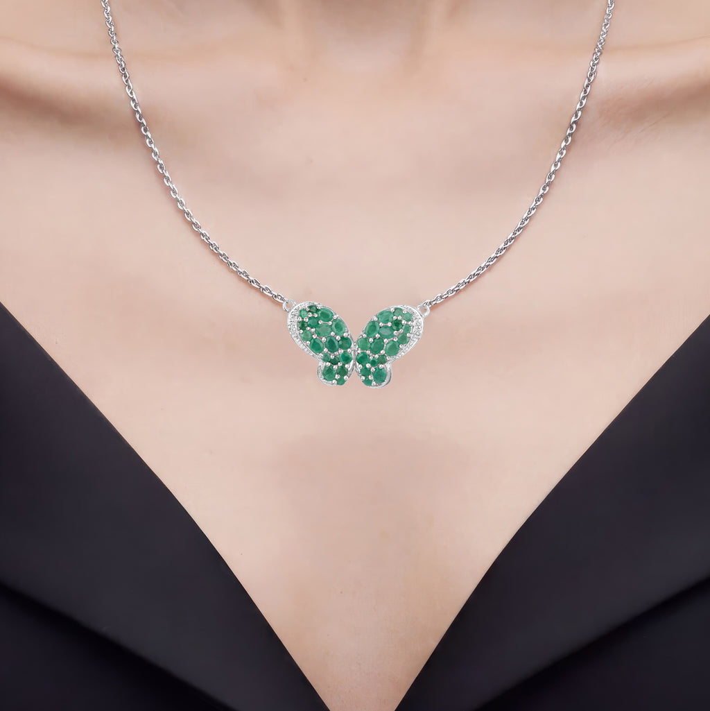 Emerald Butterfly Pendant With White Zircon 2.72 Carats Sterling Silver