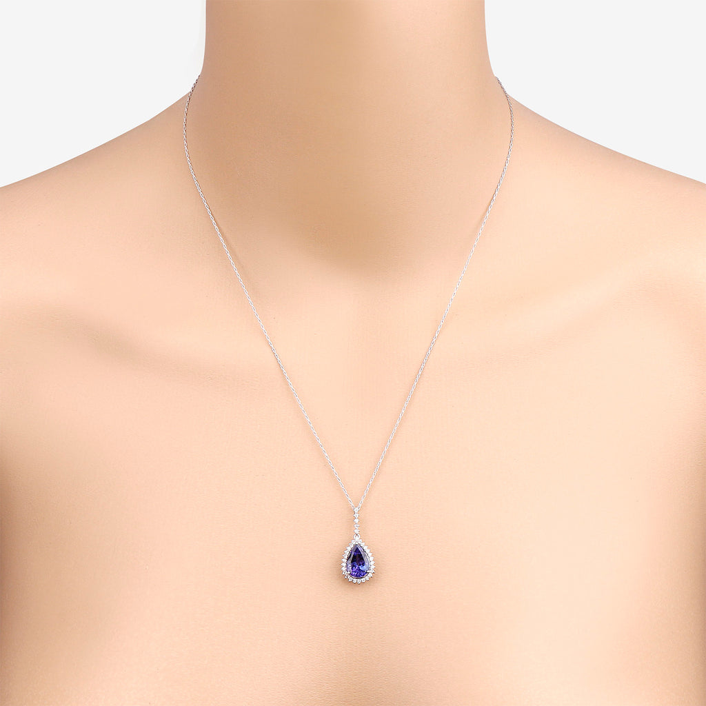 Pear Cut Tanzanite Pendant Diamond Setting 3.04 Carats 14K White Gold
