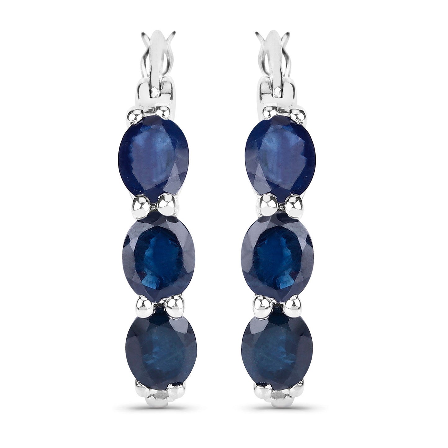 Blue Sapphire Hoop Earrings With Diamonds 2.02 Carats Sterling Silver