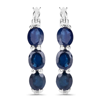 Blue Sapphire Hoop Earrings With Diamonds 2.02 Carats Sterling Silver