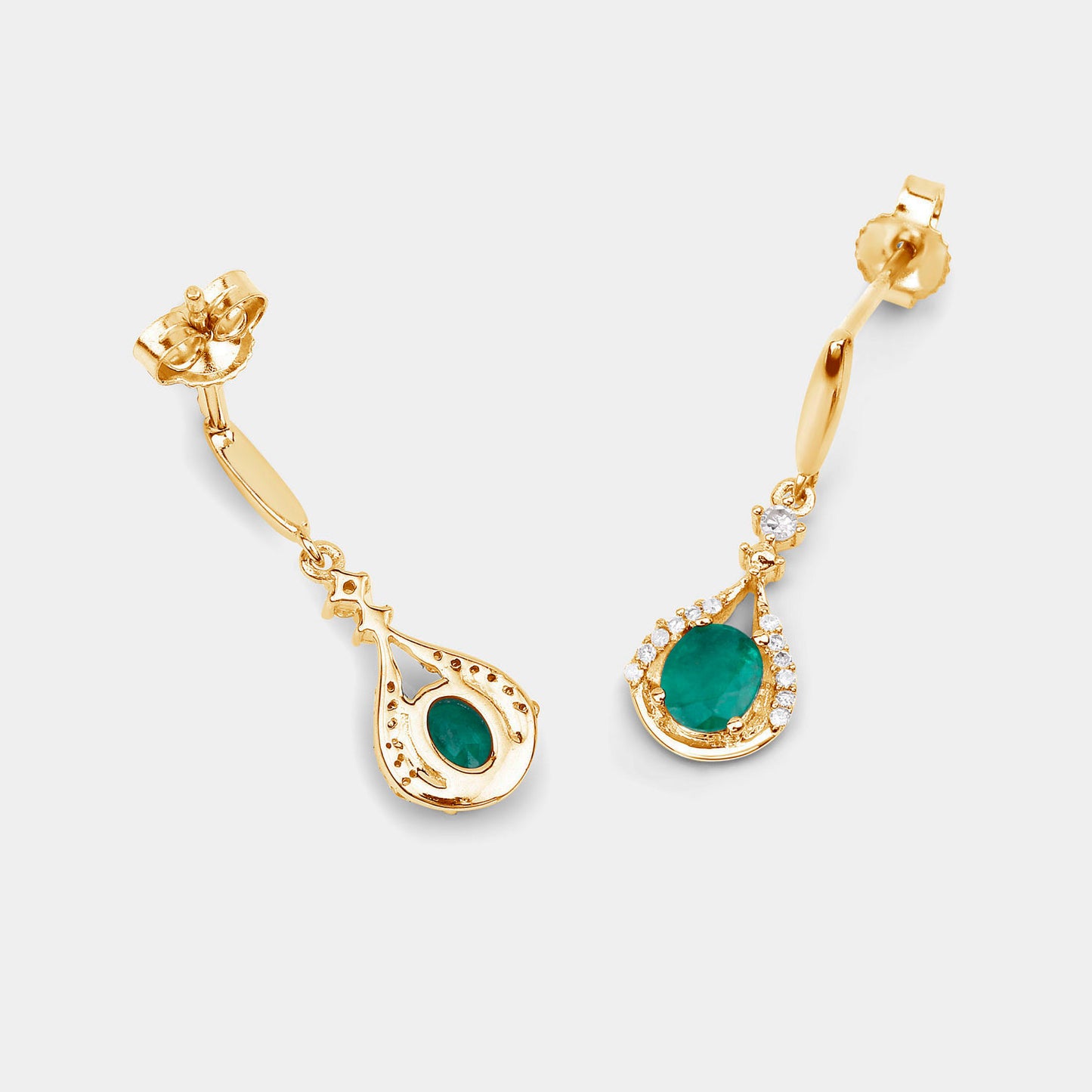 Zambian Emerald Dangle Earrings Diamonds 0.6 Carats 14K Yellow Gold