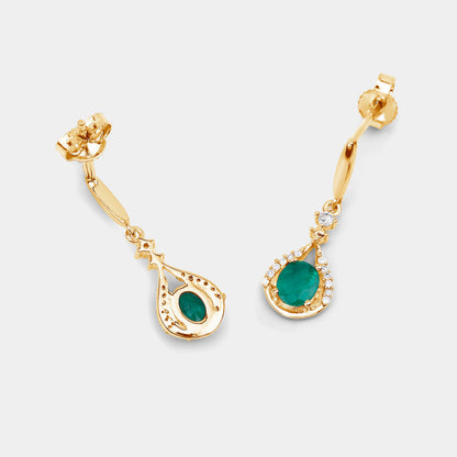 Zambian Emerald Dangle Earrings Diamonds 0.6 Carats 14K Yellow Gold
