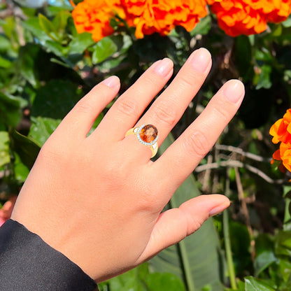 Zanzibar Orange Zircon Ring White Zircon Halo 3.95 Carats 14K Yellow Gold Plated