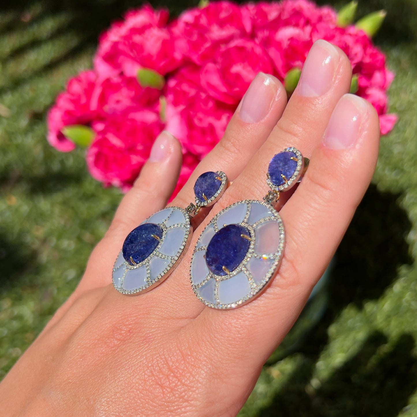 Tanzanite Earrings Set With Diamonds and Chalcedony 41 Carats Total