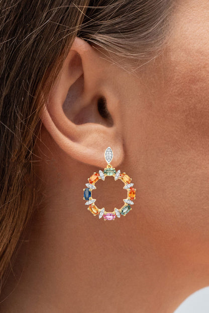 Natural Multicolor Sapphire Earrings White Zircon 4.1 Carats Gold Plated Silver