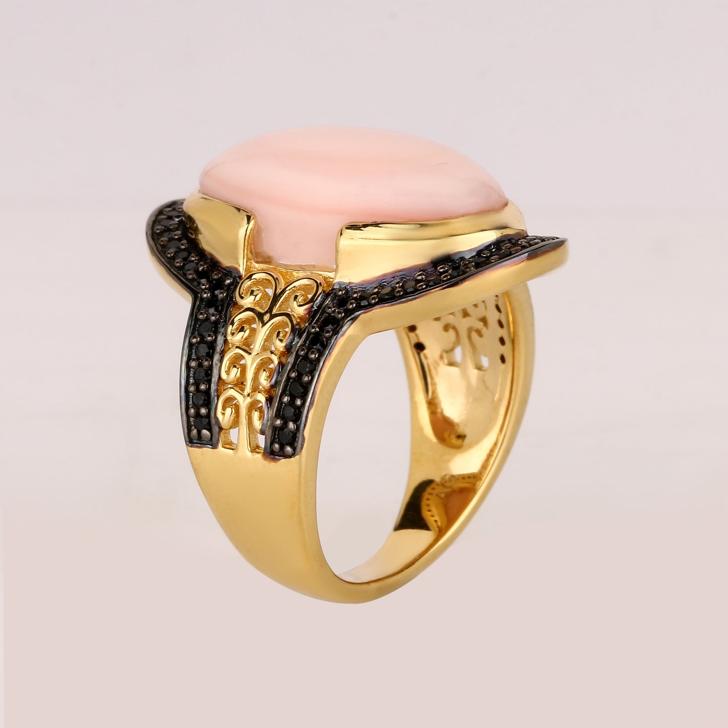 Natural Pink Opal Ring With Black Spinel 9.67 Carats Gold Plated Silver