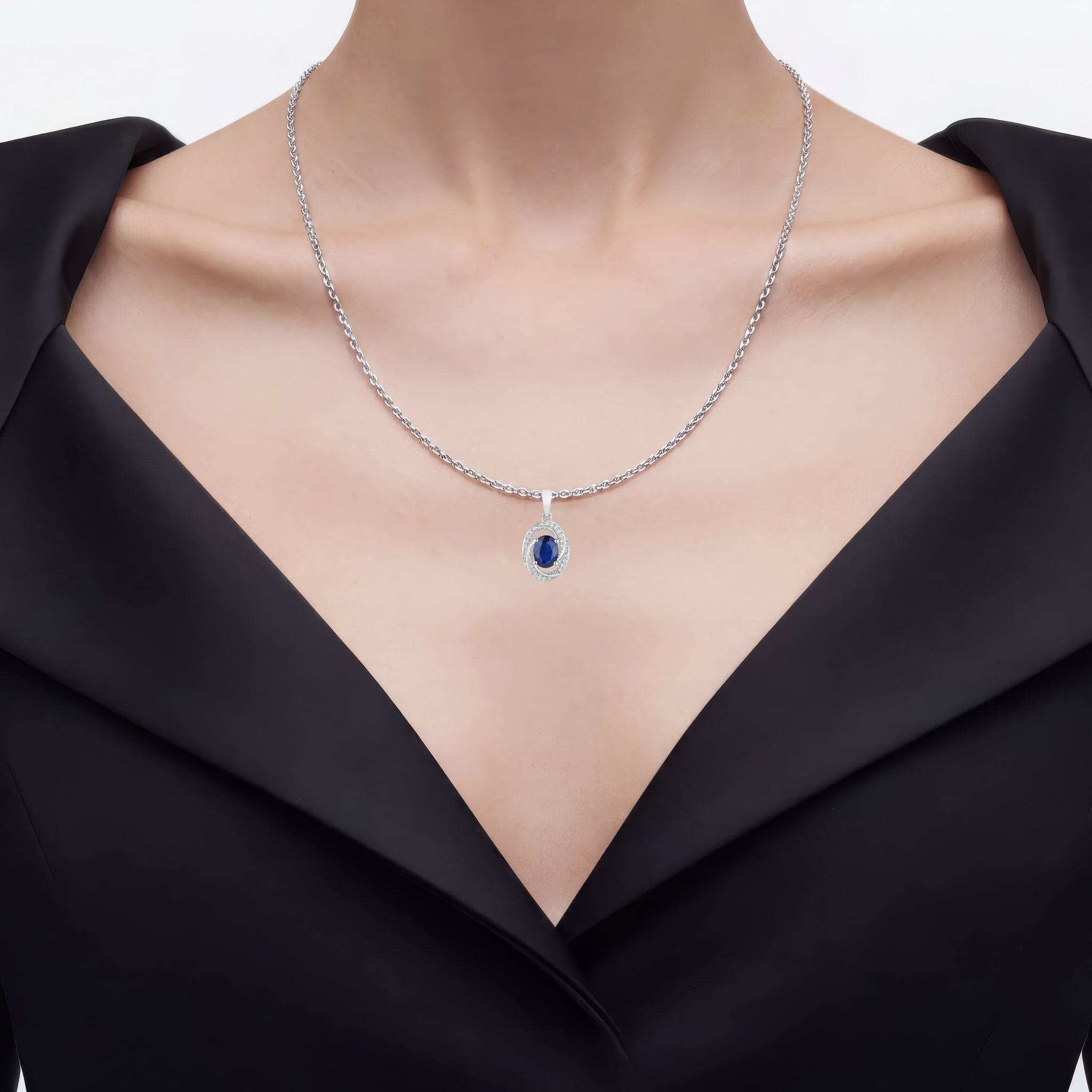 Blue Sapphire Pendant With Diamonds 1.68 Carats 14K White Gold