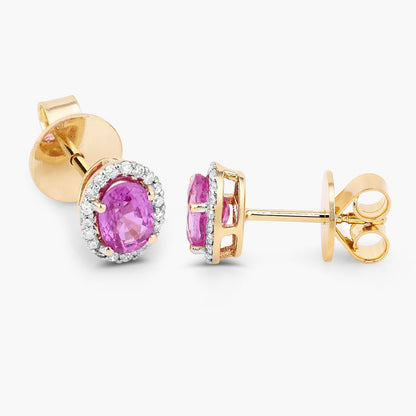 Pink Sapphire Halo Earrings With Diamonds 1.46 Carats 14K Yellow Gold