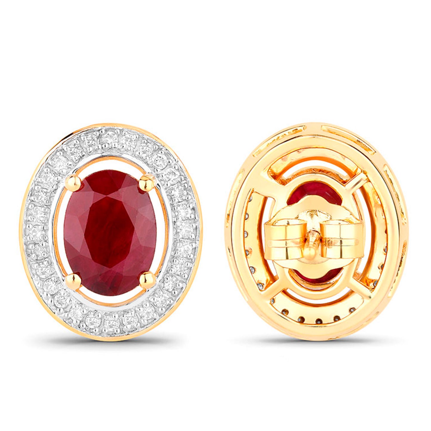 Ruby Earrings Halo Diamonds 2.1 Carats 14K Yellow Gold