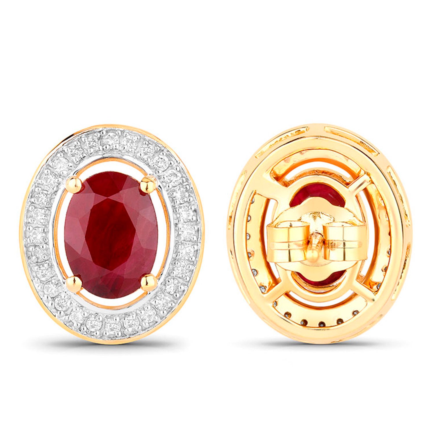 Ruby Earrings Halo Diamonds 2.1 Carats 14K Yellow Gold