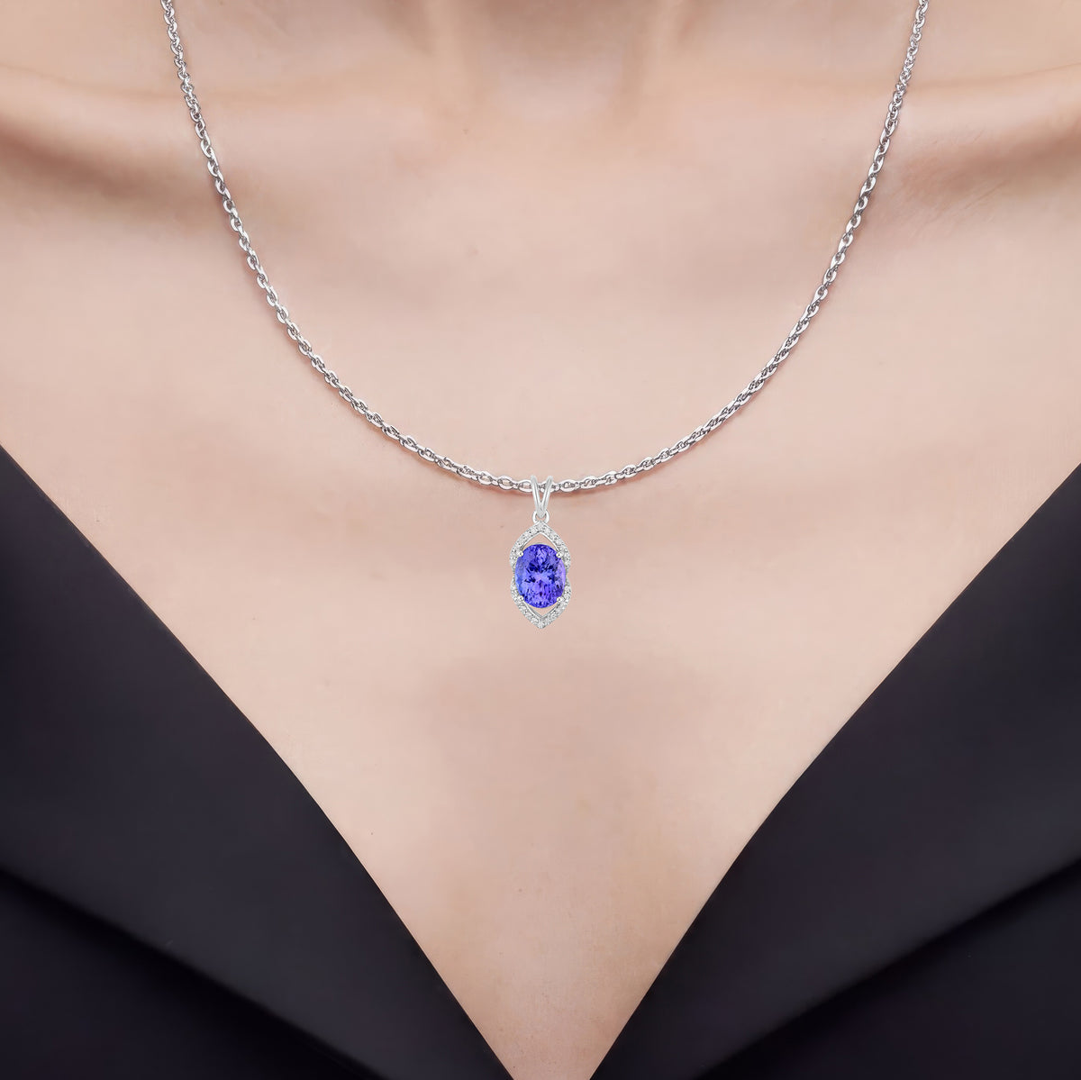Tanzanite Pendant With Diamonds 3.32 Carats 14K White Gold