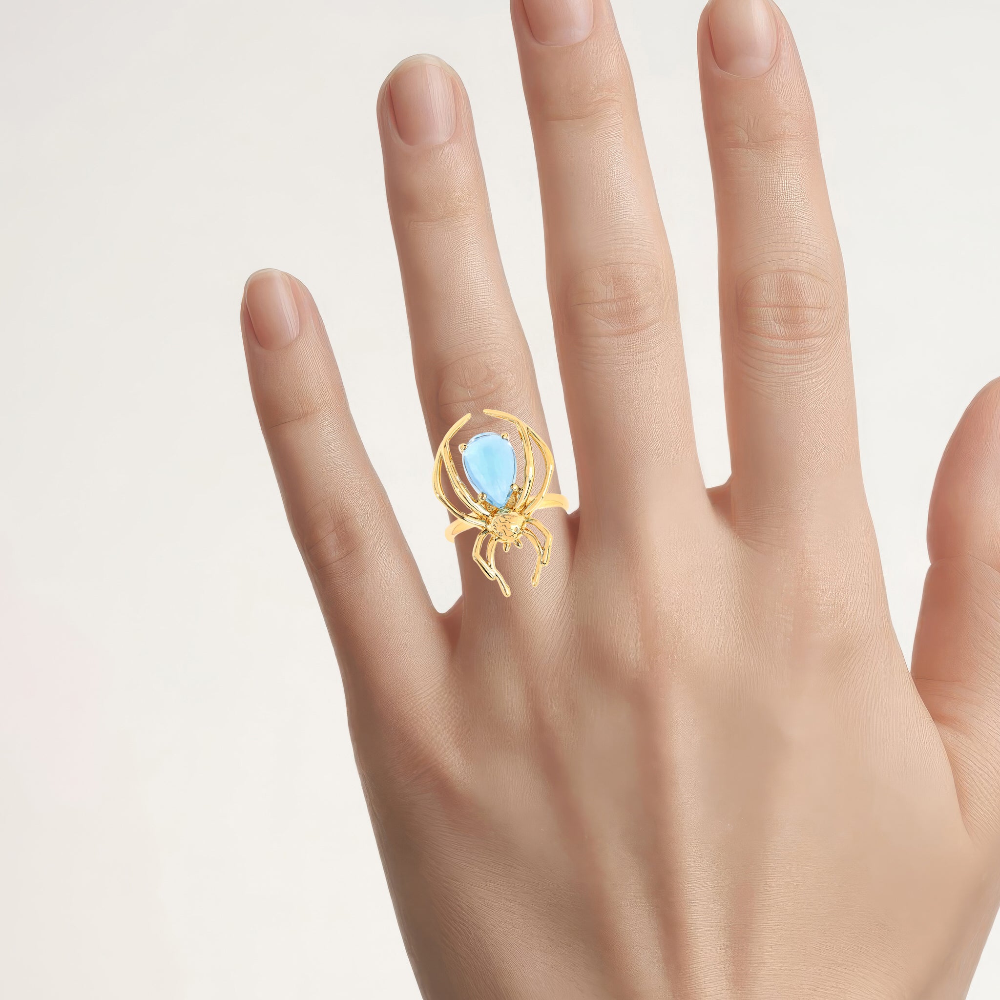 Blue Topaz Spider Ring 4.48 Carats Gold Plated Silver