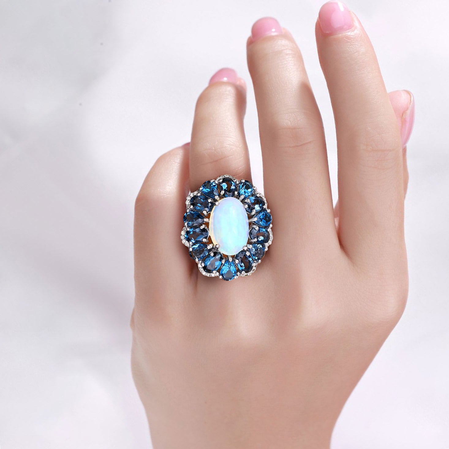 Opal Ring With London Blue Topaz 12.1 Carats Sterling Silver