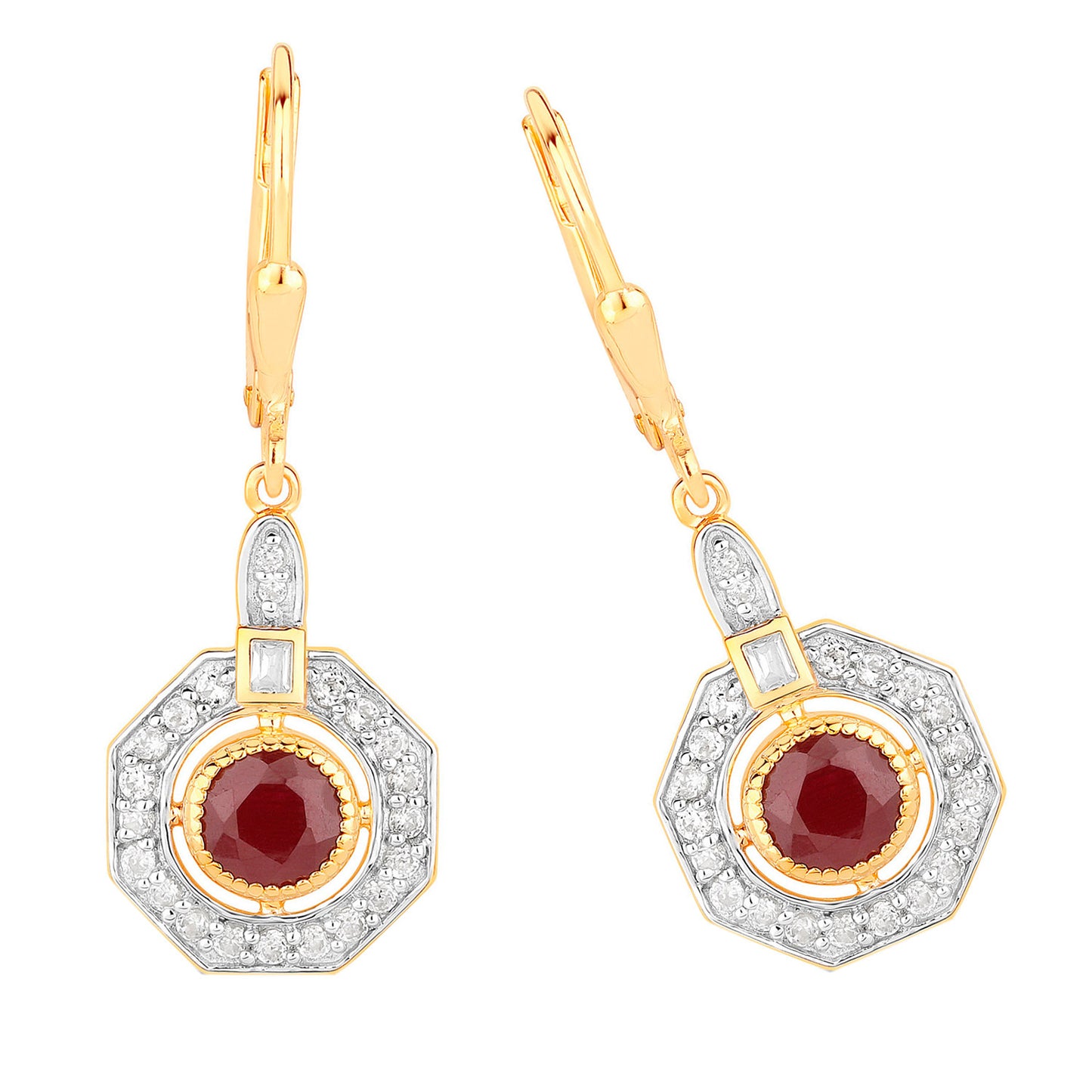 Ruby Dangle Earrings 1.7 Carats 18K Yellow Gold Plated Silver