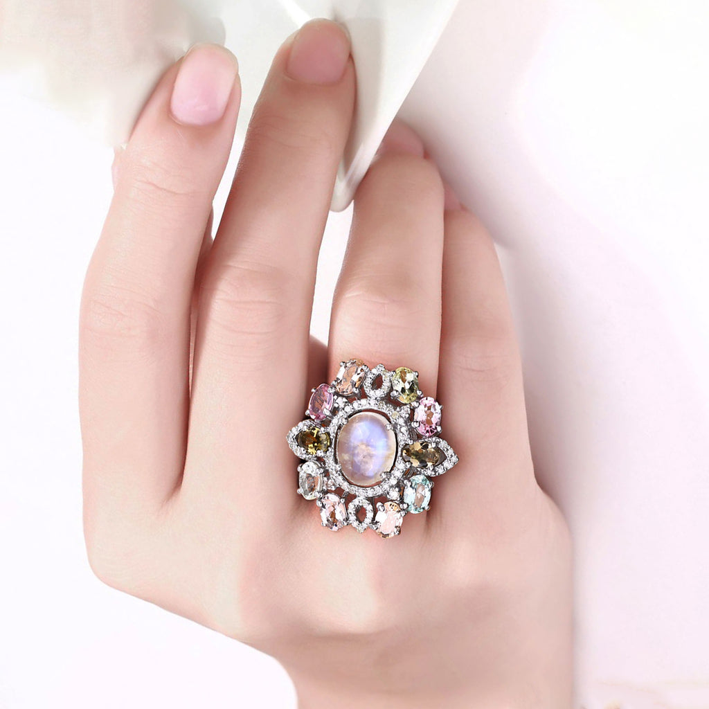 Moonstone Ring With Multicolor Tourmaline 6.72 Carats Sterling Silver