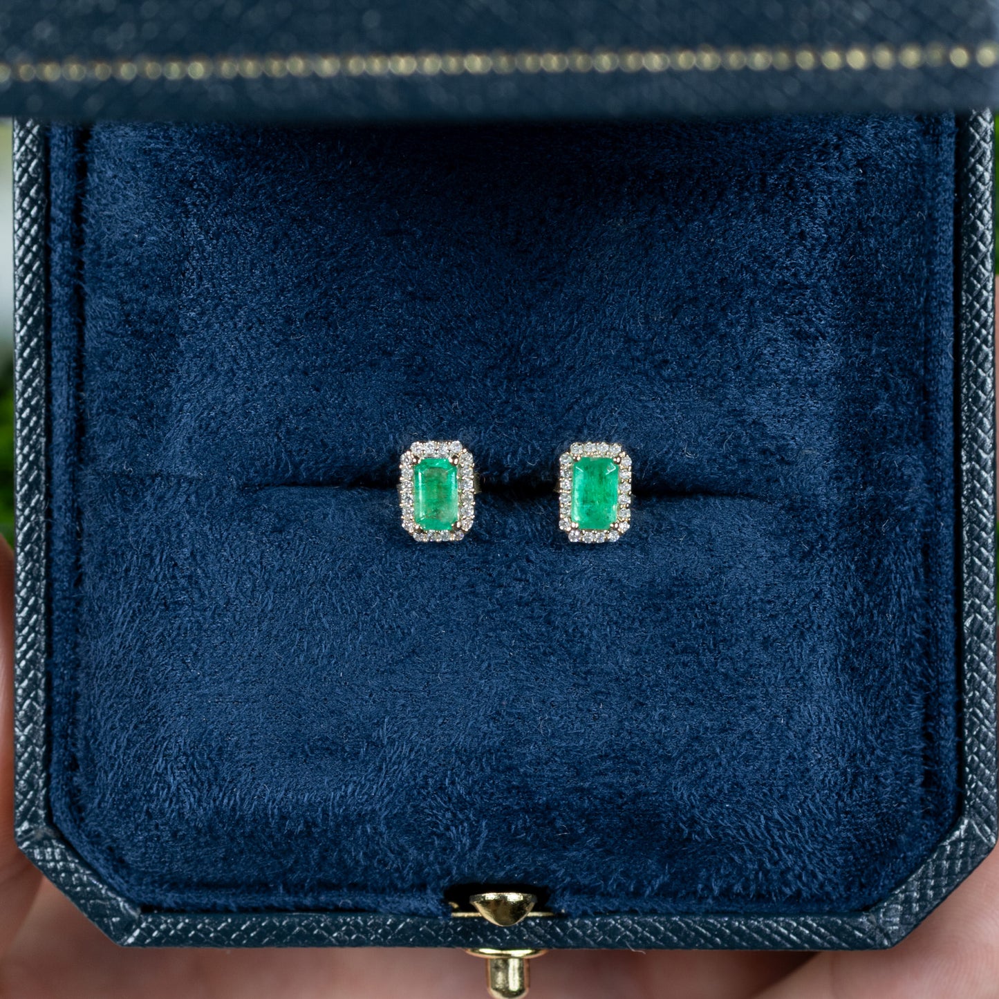 Natural Zambian Emerald Earrings With Diamonds 0.88 Carats 14K Yellow Gold