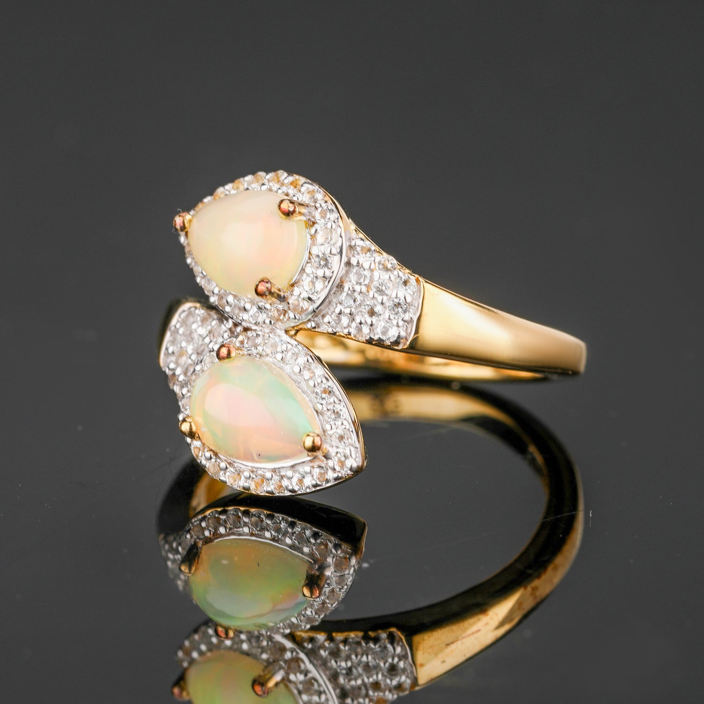 Natural Ethiopian Opal Ring With White Topaz 1.01 Carats Gold Plated Silver